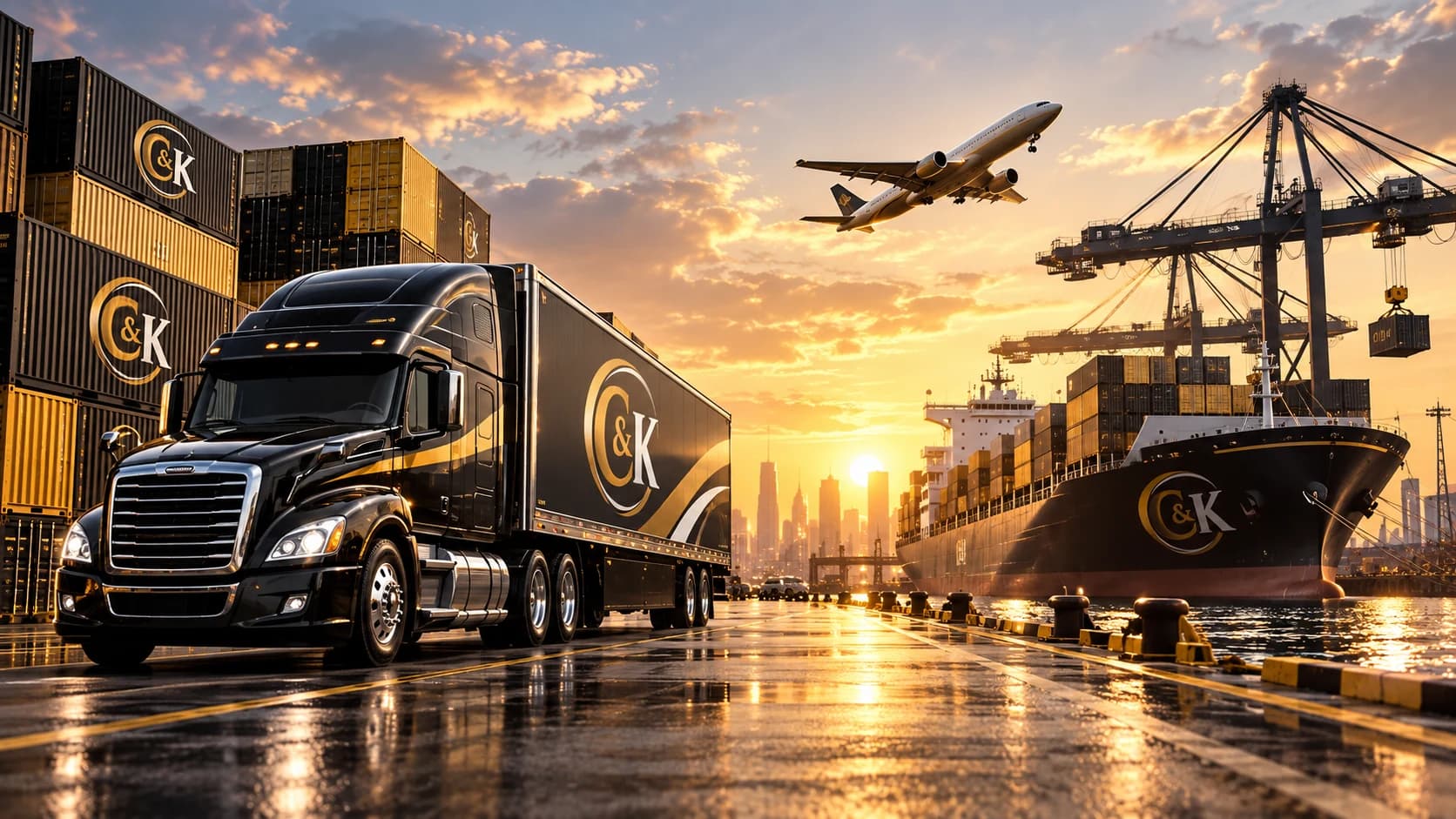 C & Kay logistics network with a truck, cargo ship and aircraft